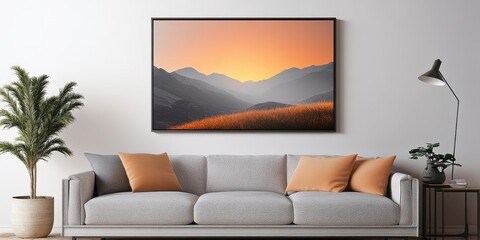 A cozy couch adorned with decorative pillows, complemented by a framed picture hanging on the wall, creating an inviting living space ambiance.
