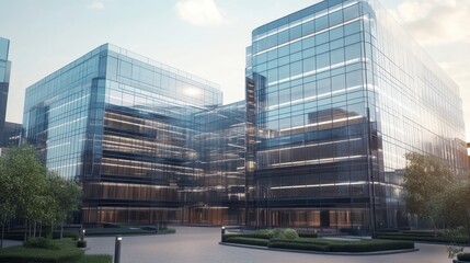Obraz premium A modern glass building featuring numerous windows, surrounded by lush bushes, showcasing contemporary architecture and vibrant greenery.