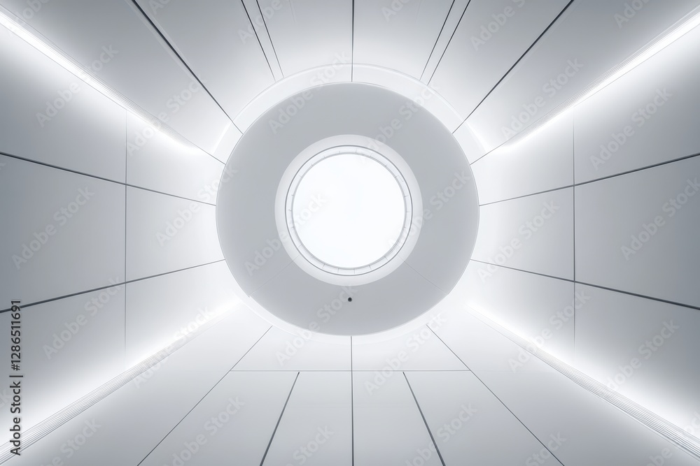 Poster arafed view showcasing a circular light fixture illuminating a minimalist white room, emphasizing si