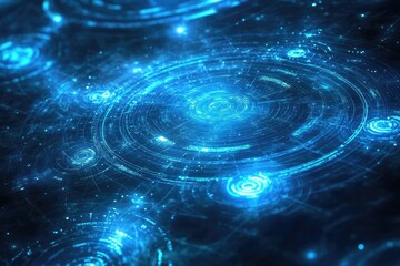 Futuristic technology interface, glowing circular patterns, dark background, data visualization
