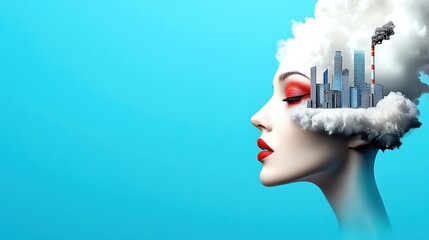 Creative representation of urban landscape within a woman's head, symbolizing thoughts and impact of environment.