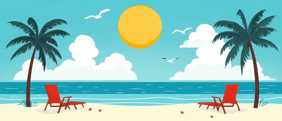 Beach scene with palm trees, sun, and lounge chairs by the ocean.