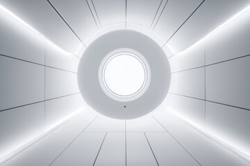 Arafed view showcasing a circular light fixture illuminating a minimalist white room, emphasizing simplicity and elegance in design.