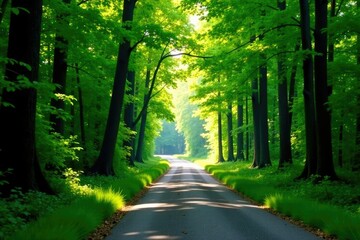 Obraz premium Dense foliage obstructs sunlight as trees form a tunnel on the winding road, trees, wilderness, woodland