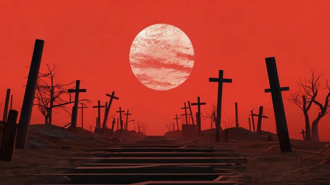 Haunting Landscape with Silhouetted Crosses and Barren Trees Under Red Moon Eerie Night of Desolation and Mystery in Barren Scene with Blood Red Sky and Full Moon, Creating Foreboding Atmosphere
