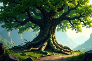 Majestic, ancient tree with gnarled roots and vines, roots, ancient, branches