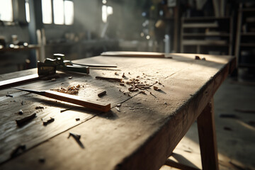 Woodworking tools and shavings on a workbench