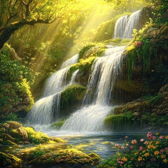 Obraz premium serene waterfall cascading gently over moss covered rocks in sunlit forest, surrounded by lush greenery and colorful flowers, creating tranquil and picturesque scene