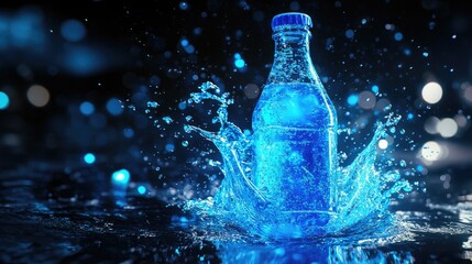 A bright blue sports drink bursts from a tilted bottle, creating an electrifying splash effect.