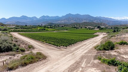 Fototapeta premium Lush green vineyard rows surrounded by dirt roads in a mountain valley under a clear blue sky.