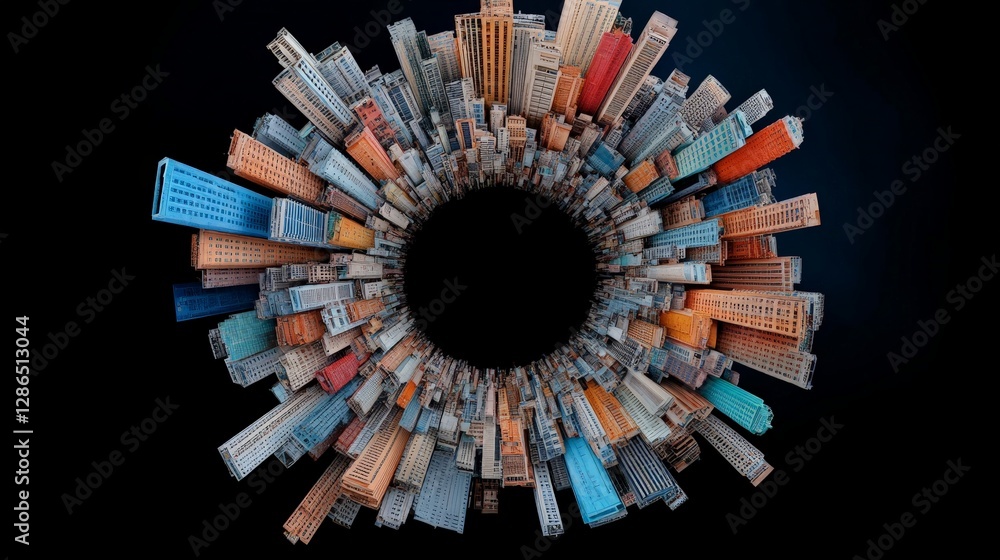 Poster Abstract Cityscape Formation Creating Circular Pattern in Black Background
