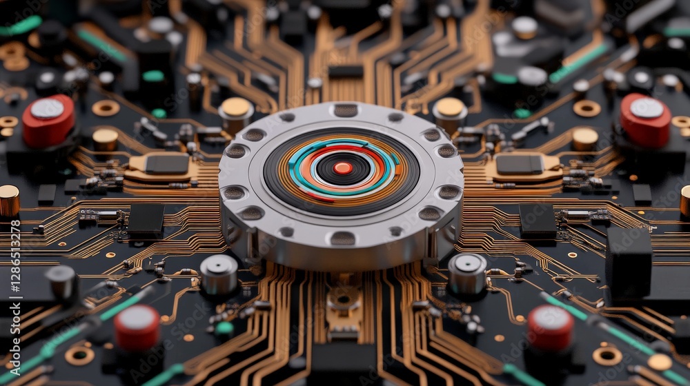 Aufkleber close-up view of colorful circuit board components and connectors