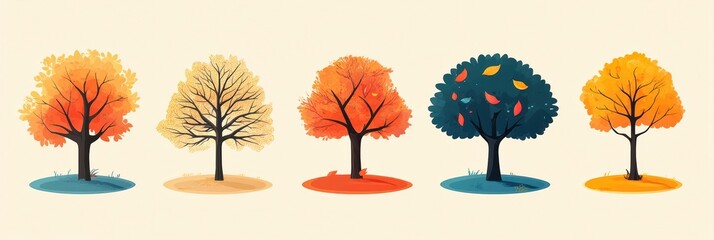 Five seasonal trees with colorful leaves on a light background.