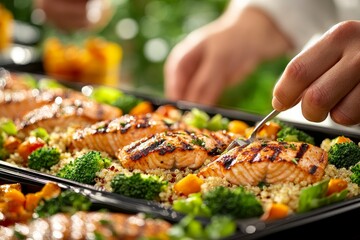 Grilled Salmon with Vegetables and Quinoa on Serving Tray