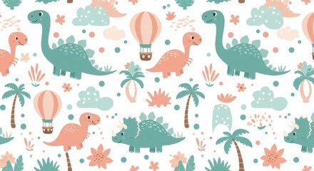 Cute dinosaur pattern, pastel colors, coral and teal, hot air balloons, palm trees, stegosaurus, triceratops, tropical leaves, playful illustration, seamless repeat, children's book style, whimsical d