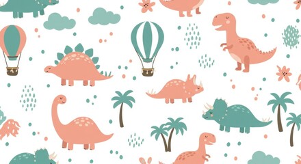 Fototapeta premium Cute dinosaur pattern, pastel colors, coral and teal, hot air balloons, palm trees, stegosaurus, triceratops, tropical leaves, playful illustration, seamless repeat, children's book style, whimsical d