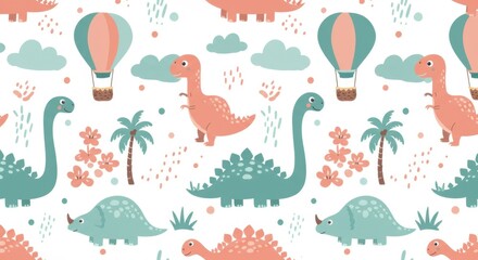 Cute dinosaur pattern, pastel colors, coral and teal, hot air balloons, palm trees, stegosaurus, triceratops, tropical leaves, playful illustration, seamless repeat, children's book style, whimsical d