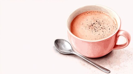 A warm cup of pink beverage with a sprinkle of pepper, accompanied by a silver spoon, on a pastel backdrop.