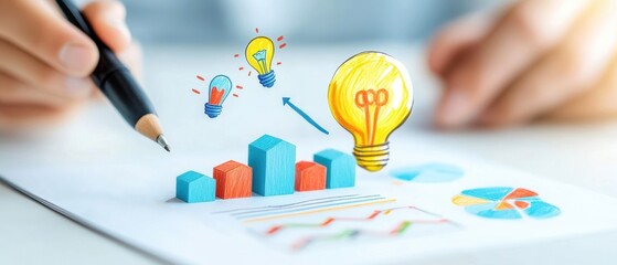 Hand drawing creative ideas with graphs and light bulbs on paper.