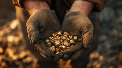 Golden Harvest: Gloved Hands Holding Raw Treasure. A close-up of weathered, gloved hands holding a collection of rough gold nuggets, illuminated by warm sunlight, symbolizing the miner's success