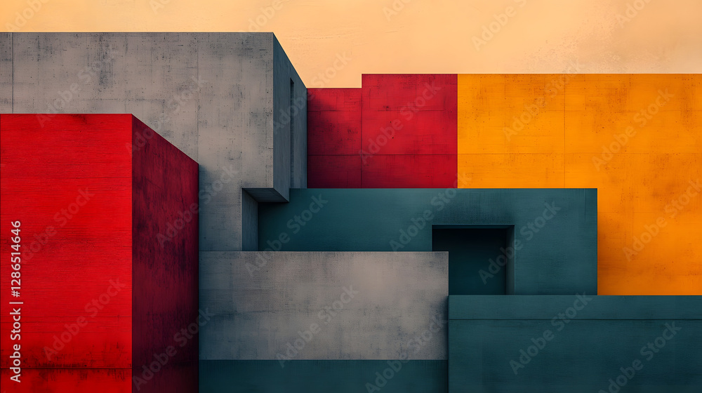Poster surreal architectural concept with abstract overlapping cubes and vibrant color palette