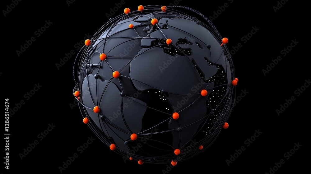 Aufkleber global network concept with black globe and orange nodes and lines
