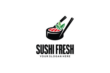 Traditional Japanese cuisine restaurant logo. Sushi vector design with chopsticks