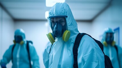 Hazmat Team Sterilizing a Controlled Environment with Spray Equipment