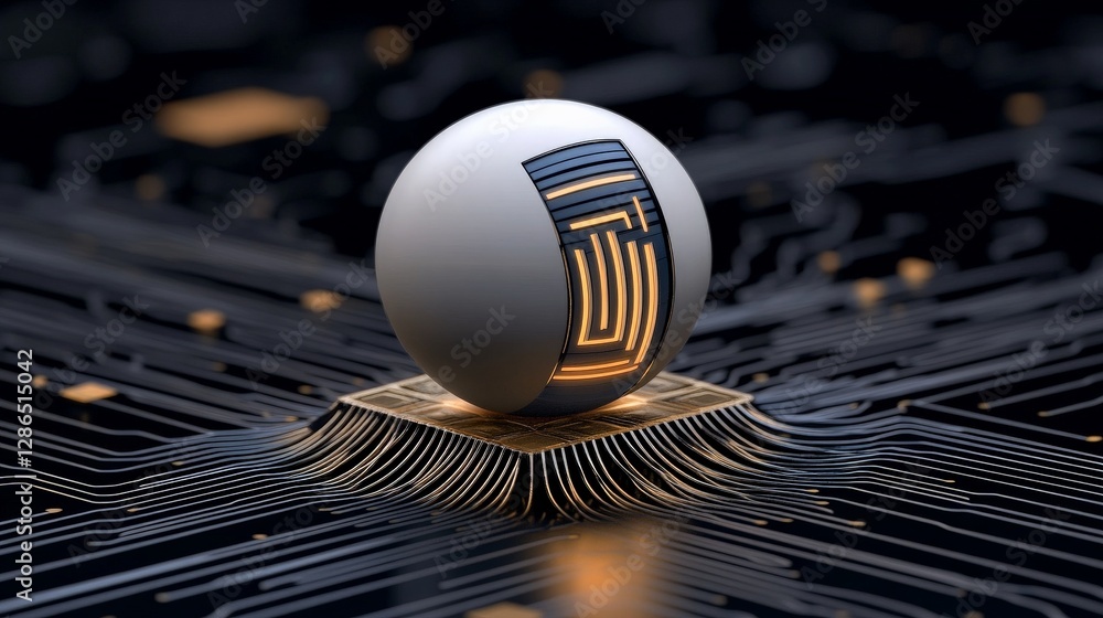 Poster futuristic sphere on circuit board with glowing patterns and lights