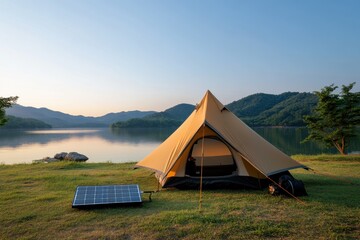 Peaceful morning camping beside a crystal-clear lake with a modern solar-powered tent