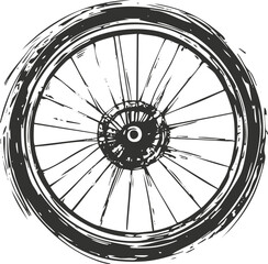 Monochrome illustration of a bicycle wheel with detailed spokes and tire.