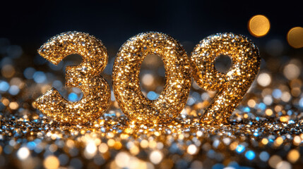 Shiny golden number 309 surrounded by sparkling glitter, creating festive atmosphere. Perfect for celebrations and special occasions