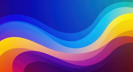 Abstract waves, vibrant colors, fluid shapes, smooth gradients, blue purple yellow, dynamic composition, digital art, colorful background, flowing lines, curved forms, psychedelic style, graphic desig