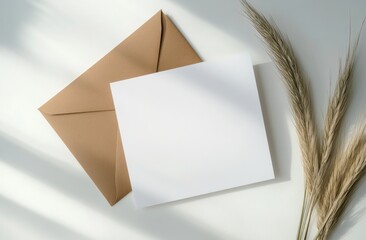 Blank Square Note Card with Envelope and Dried Grasses