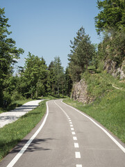 A scenic winding road along the Alpe Adria cycling route near Tarvisio, Italy, surrounded by lush...