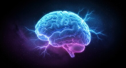 Fototapeta premium Glowing neon brain, electric blue and purple, neural network visualization, lightning bolts, dark background, futuristic, digital art, 3D render, scientific illustration, neuroscience concept, high co