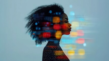 Profile of Woman with Abstract Digital Background in Colorful Blurs
