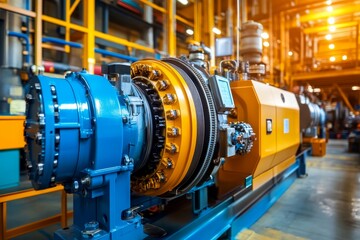 Industrial Machinery with Blue and Yellow Components in Factory Setting