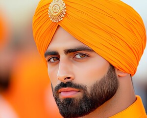 Handsome man with a well groomed beard wearing an orange turban and traditional attire looking confidently at the camera with deep gaze and strong cultural presence in a vibrant setting