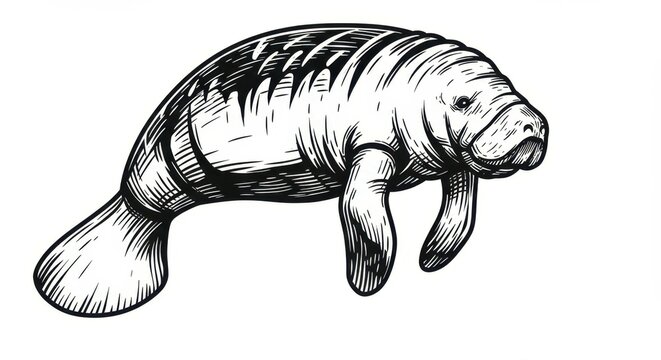 Pencil sketch of a manatee, detailed anatomical drawing, marine wildlife illustration, scientific textbook style, grayscale, soft shading, gentle giant, underwater creature, sea cow, rounded body, fli
