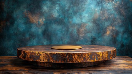Rustic wooden display platform elegantly showcases product against richly textured teal backdrop. AI Generated