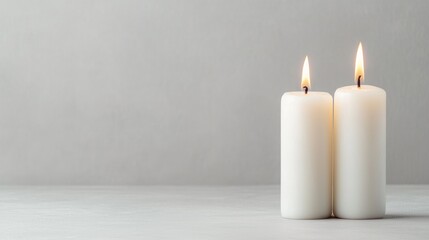 Two white candles burning on table, grey background, peace, meditation