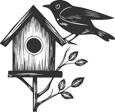 recommend clip art: Silhouette of a bird on a wooden birdhouse with leaves.