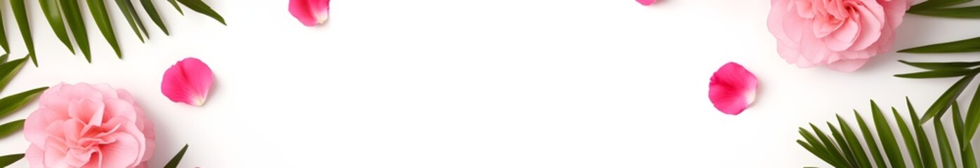 Obraz premium Elegant Floral Banner with Pink Flowers and Lush Palm Leaves on White Background