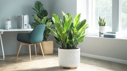 Fototapeta premium A bright office corner with a ZZ plant on a side table, adding a touch of greenery to the workspace