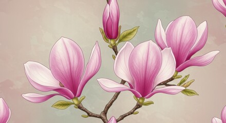 Magnolia flowers, delicate pink petals, soft focus, pastel background, botanical illustration, realistic painting, fine art, spring blossoms, textured canvas, gentle lighting, closeup, elegant composi