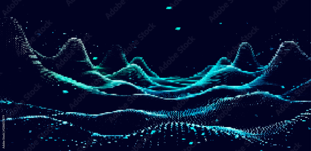 Fototapete a flowing vector illustration of abstract blue waves formed by dynamic particles on a dark backgroun