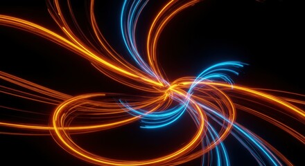 Glowing energy waves, neon orange and blue light trails, abstract flowing lines, black background, dynamic curves, intertwining ribbons of light, long exposure photography style, vibrant colors, ether