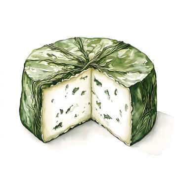 A wheel of Cornish Yarg cheese painted in soft akvarel watercolor style