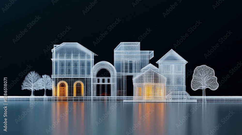 Poster transparent wireframe architectural models on dark background
